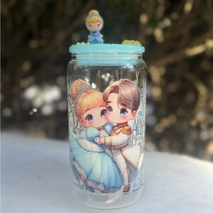 Cinderella and Prince Illustrated Glass Jar with Mint Lid